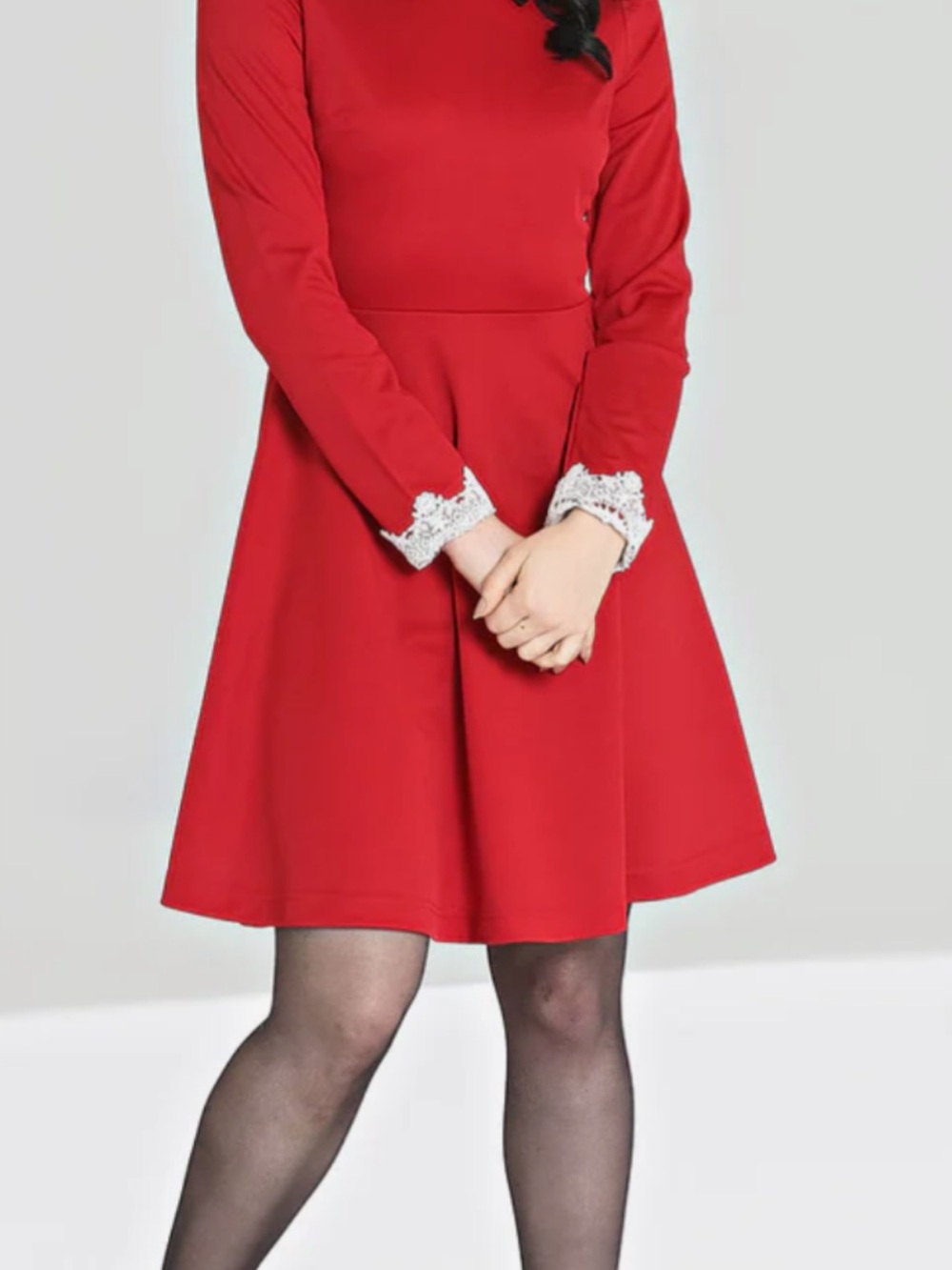 Hell Bunny Red Fit-and-Flare Dress with White Lace Cuffs